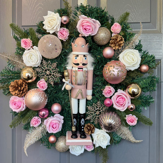Pink Nutcracker Christmas Wreath, Gold, Artificial, Large Wreath