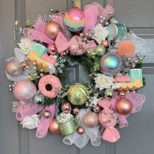 Pink Pastel Candy Snowflake Christmas Wreath - Door Hanger, Holiday, Door Decor, Decorations