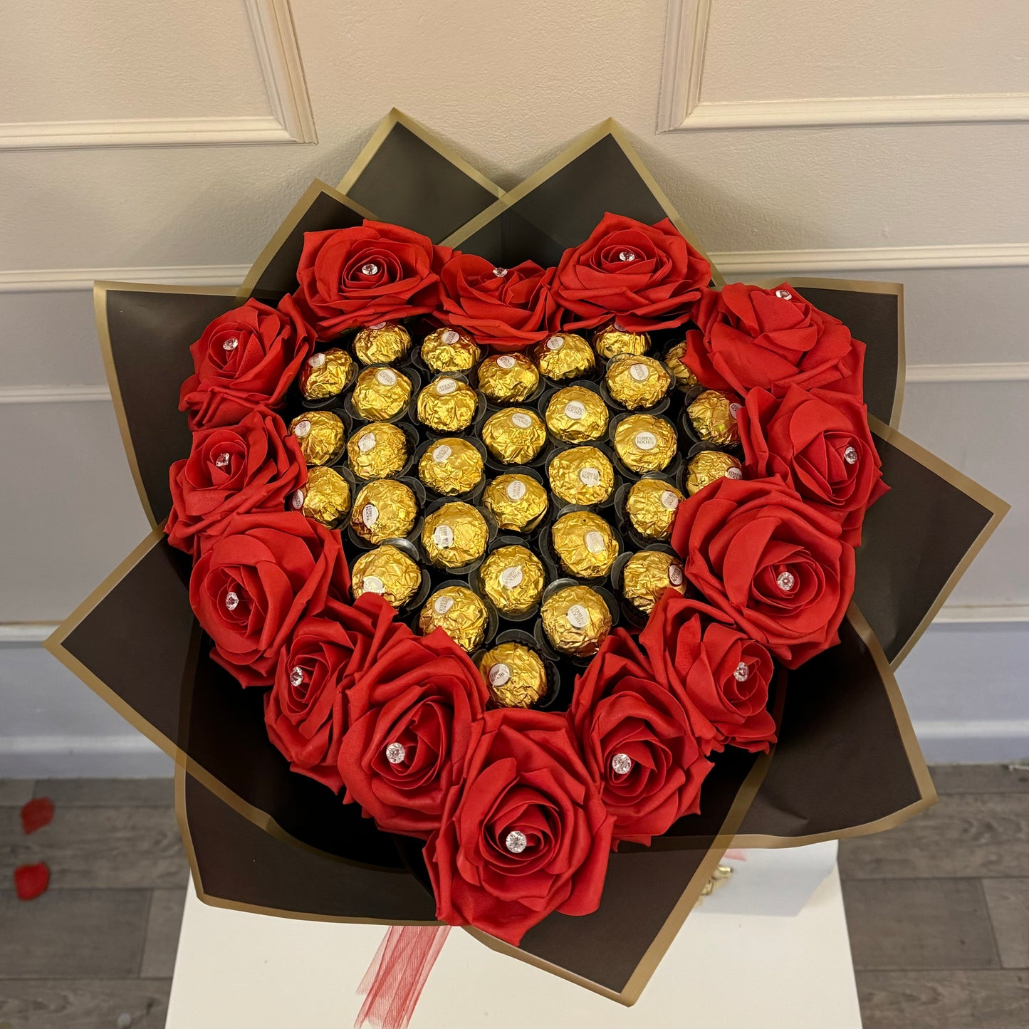 Heart Shaped Red, Black and Gold Chocolate Flower Bouquet, Ferrero Rocher, Artificial Flowers, Birthday Present, Get Well Soon, Anniversary, Valentines
