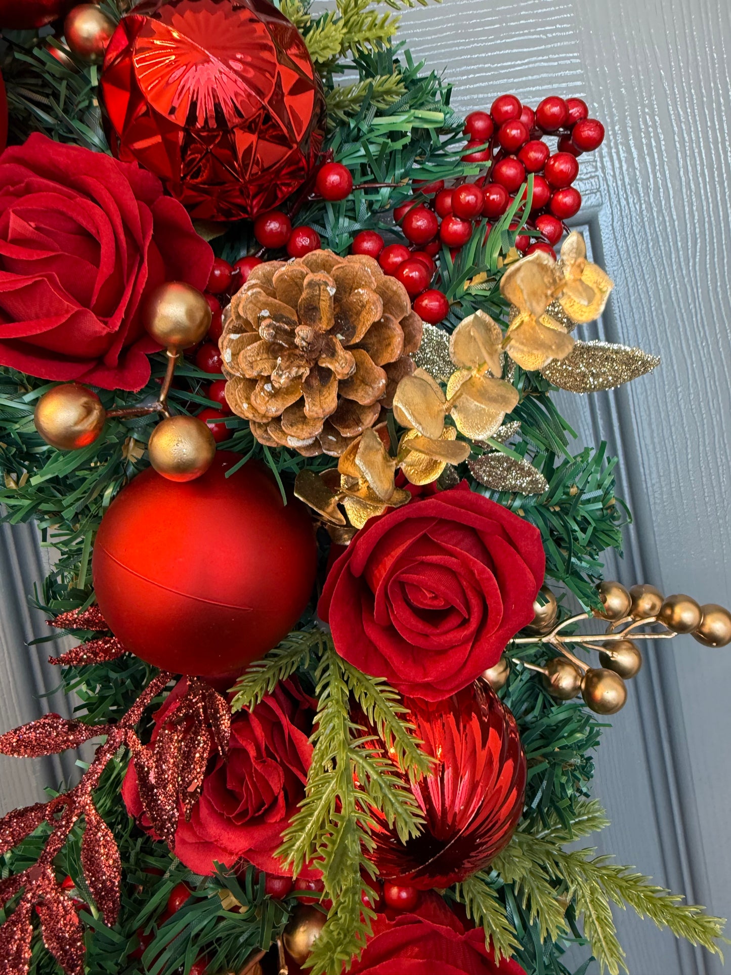 Red Christmas Wreath with Velvet & Silk Roses, Pine Cones, Gold Foliage, Red Baubles, Berries Festive Holiday Door Decor