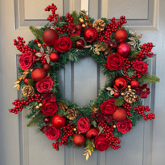 Red Christmas Wreath with Velvet & Silk Roses, Pine Cones, Gold Foliage, Red Baubles, Berries Festive Holiday Door Decor