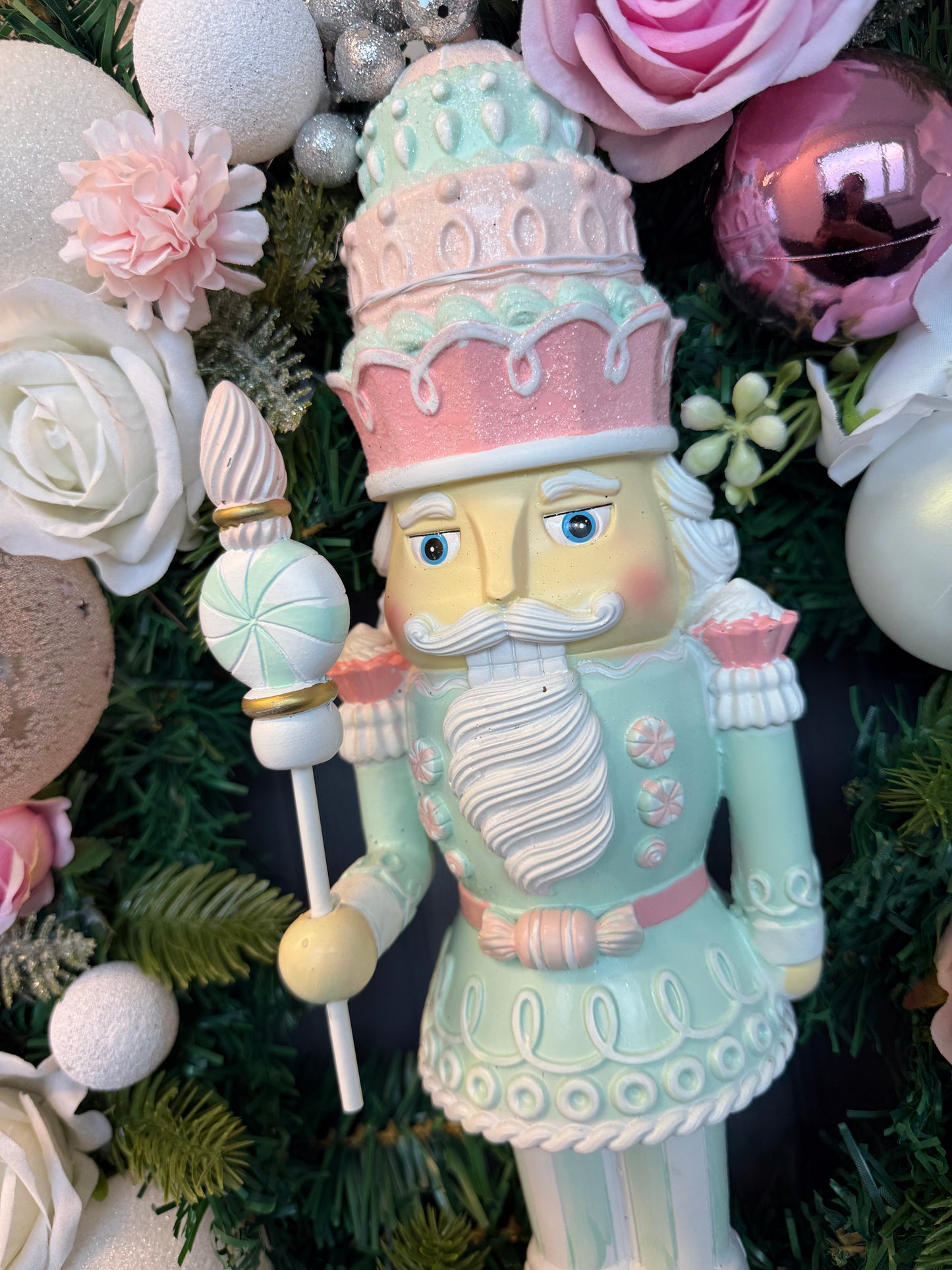 Pastel Sweet Nutcracker Christmas Wreath, Gold, Artificial, Large Wreath