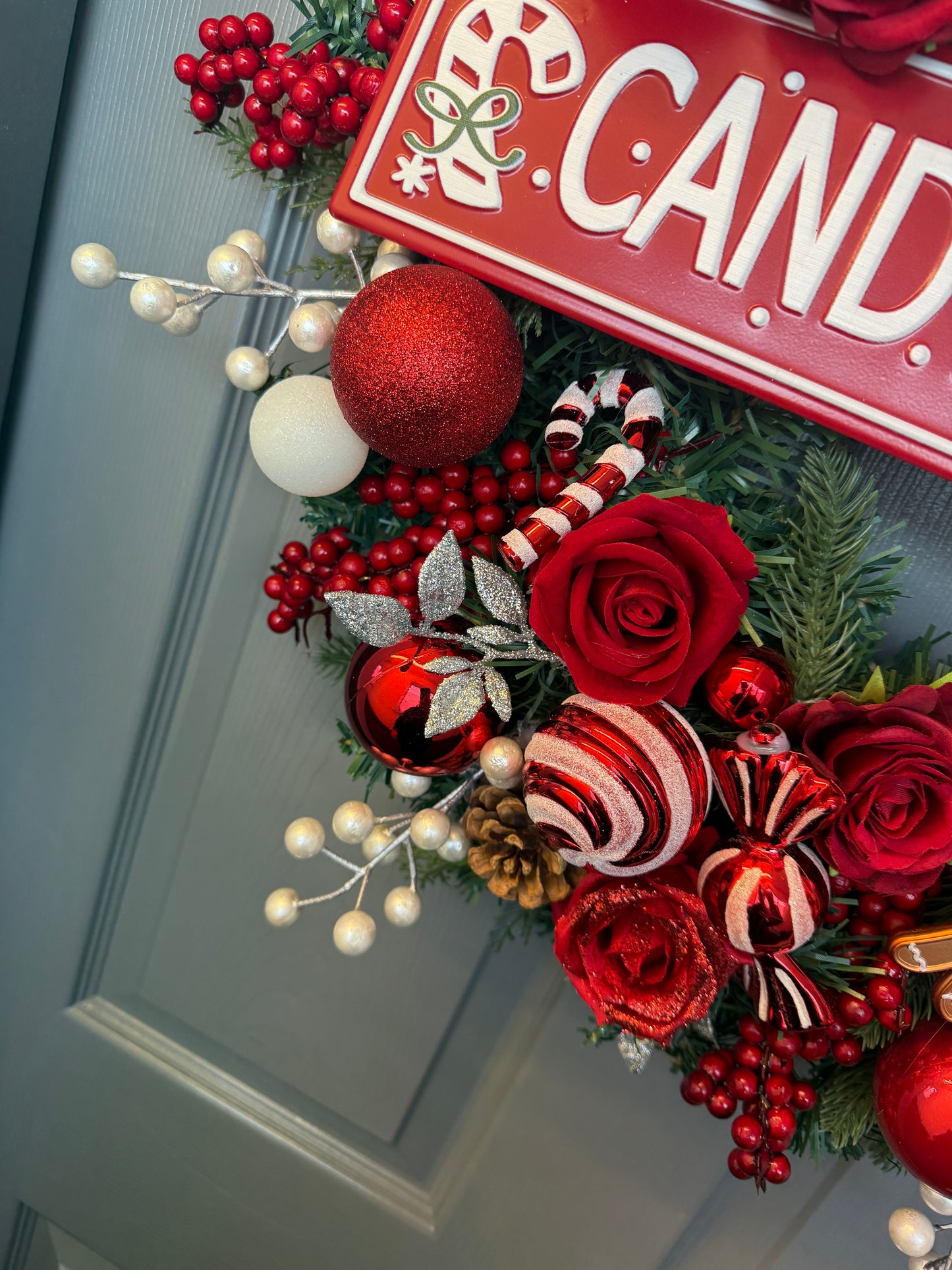 Candy Cane Lane Christmas Artificial Wreath – Gingerbread & Candy Theme Door Decor – Red & White Holiday Wreath with Baubles, Berries, Roses & Sign