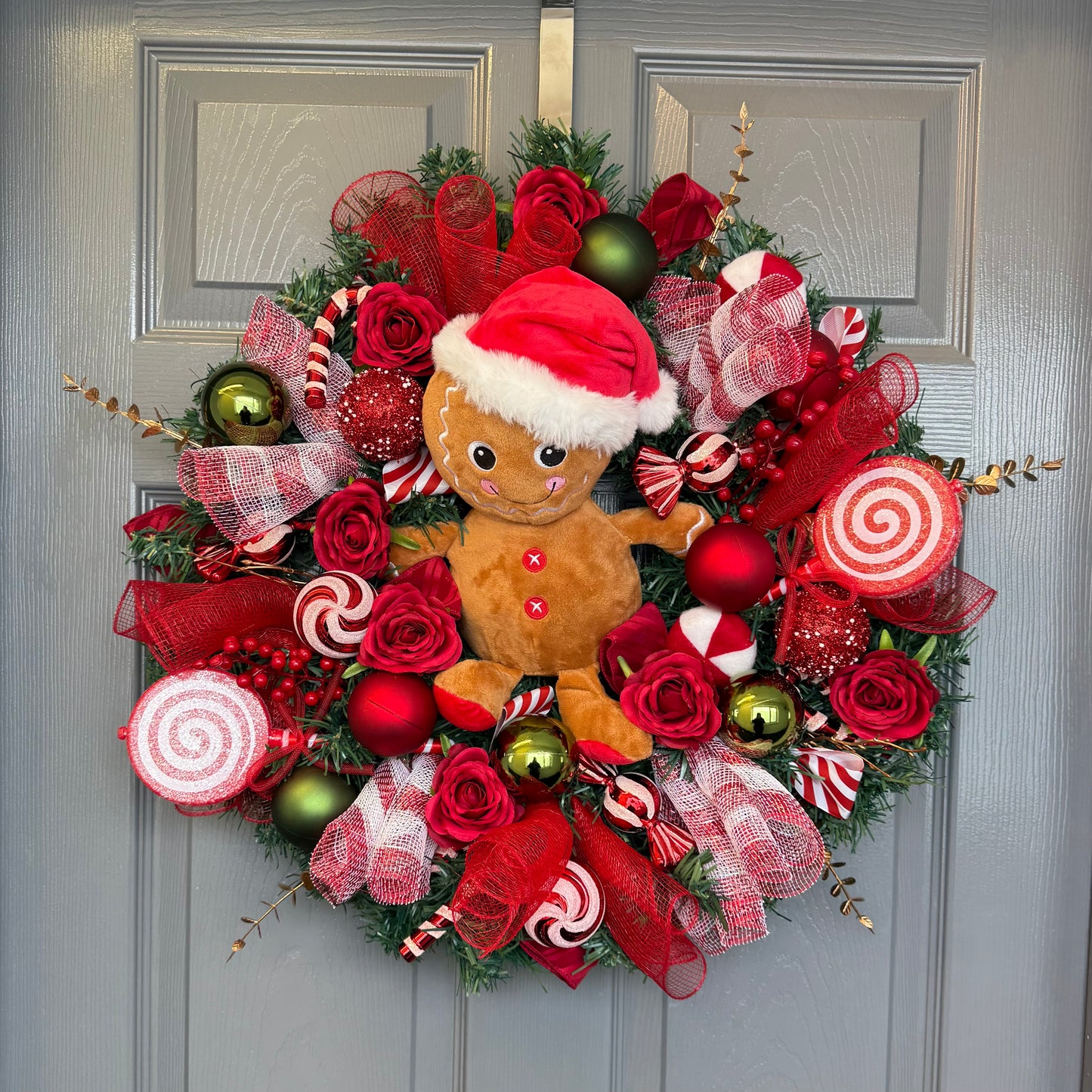 Gingerbread Candy Christmas Wreath | Holiday Door Decor with Gingerbread Man, Candy, Red, Green