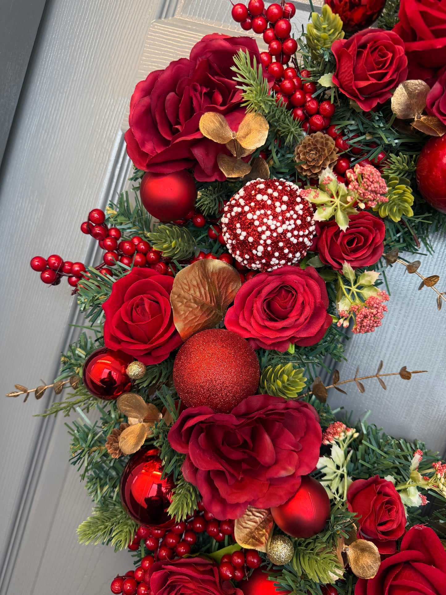 Red Christmas Wreath with Velvet & Silk Roses, Pine Cones, Gold Foliage, Red Baubles, Berries Festive Holiday Door Decor