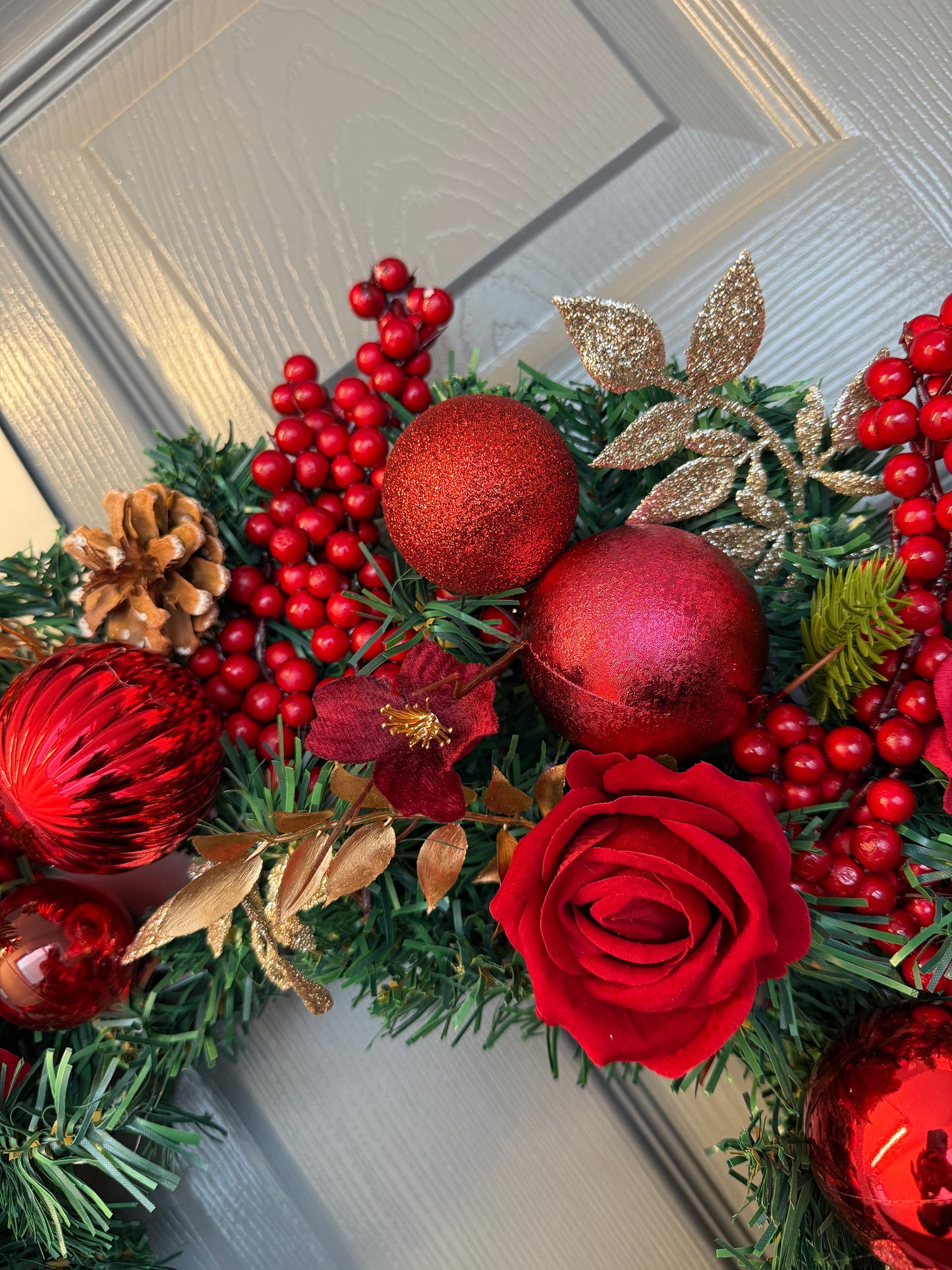 Red Christmas Wreath with Velvet & Silk Roses, Pine Cones, Gold Foliage, Red Baubles, Berries Festive Holiday Door Decor