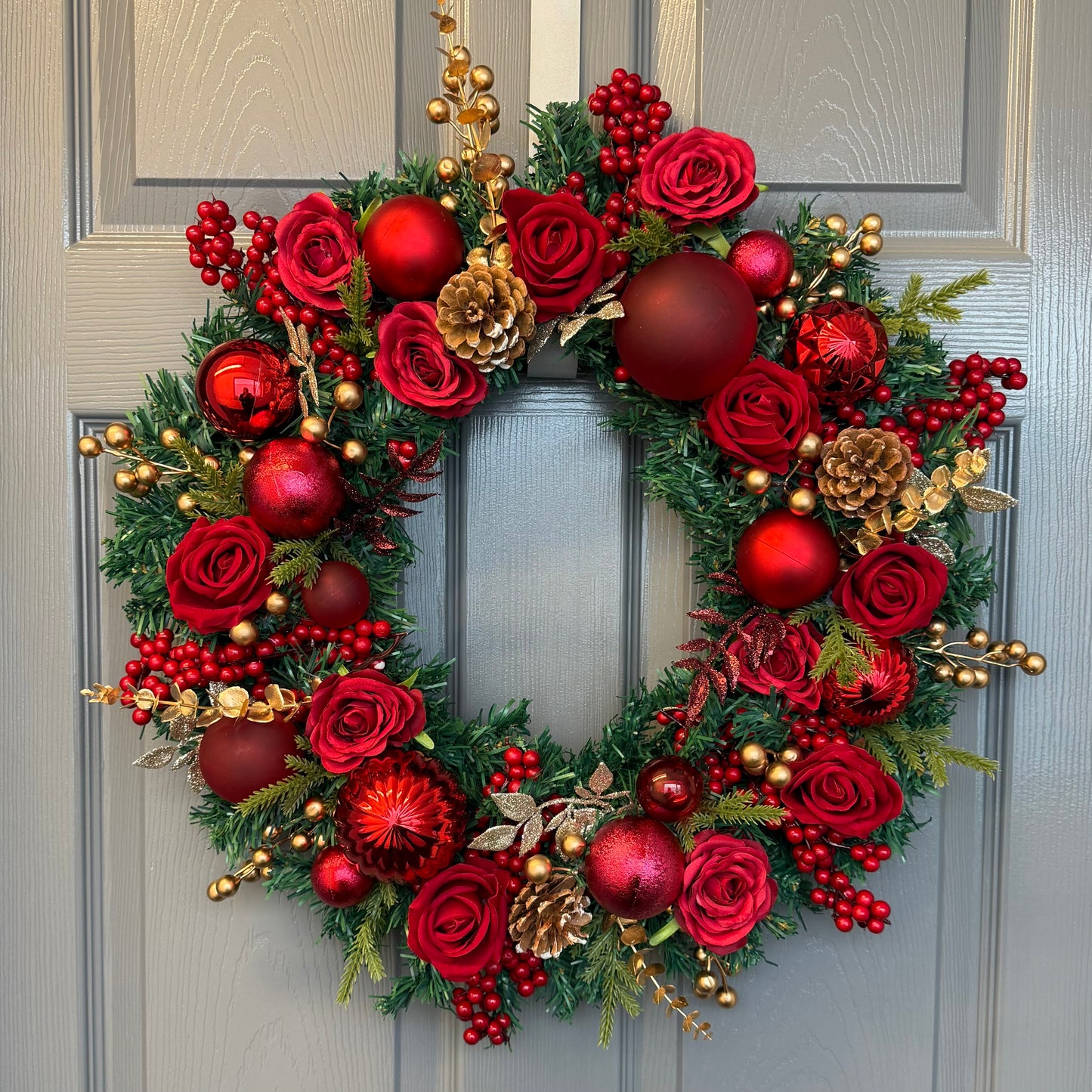 Red Christmas Wreath with Velvet & Silk Roses, Pine Cones, Gold Foliage, Red Baubles, Berries Festive Holiday Door Decor