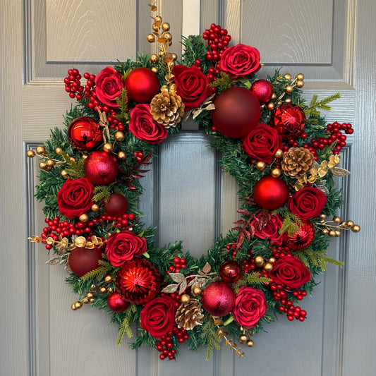 Red Christmas Wreath with Velvet & Silk Roses, Pine Cones, Gold Foliage, Red Baubles, Berries Festive Holiday Door Decor