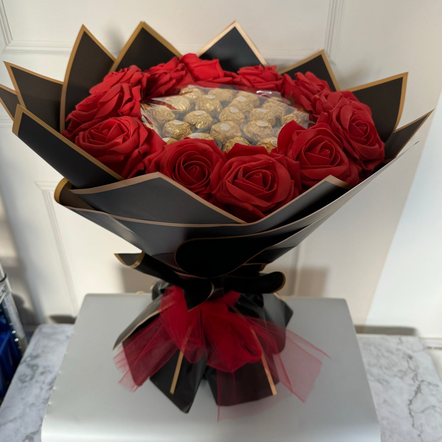 Red, Black and Gold Chocolate Flower Bouquet, Ferrero Rocher, Artificial Flowers, Birthday Present, Get Well Soon, Anniversary