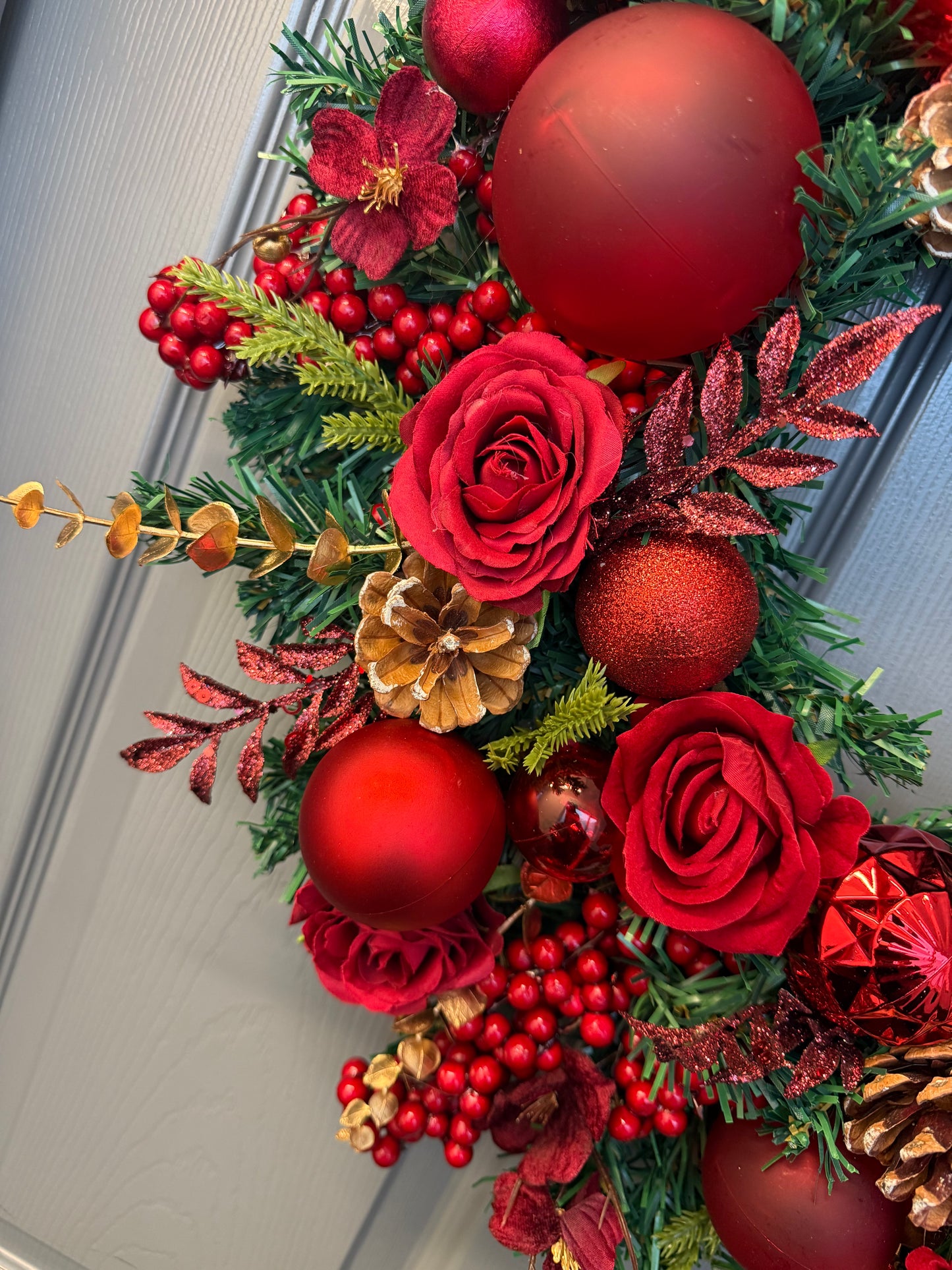 Red Christmas Wreath with Velvet & Silk Roses, Pine Cones, Gold Foliage, Red Baubles, Berries Festive Holiday Door Decor