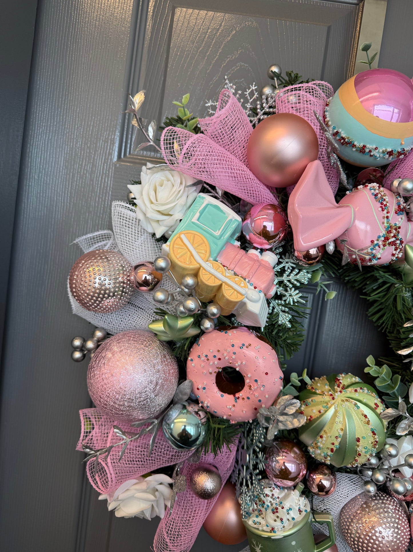 Pink Pastel Candy Snowflake Christmas Wreath - Door Hanger, Holiday, Door Decor, Decorations