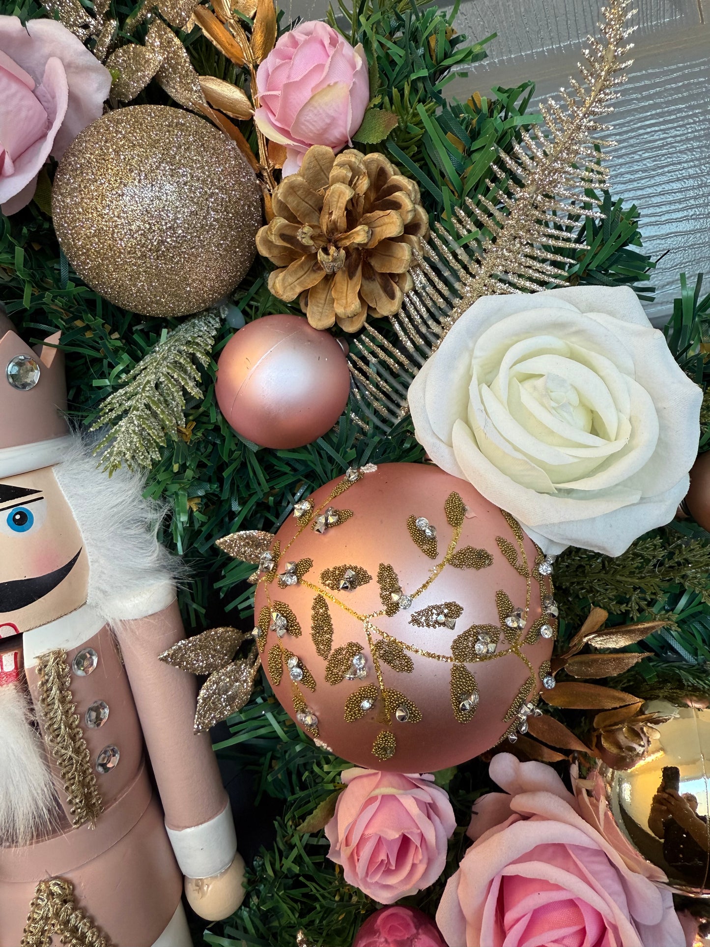 Pink Nutcracker Christmas Wreath, Gold, Artificial, Large Wreath