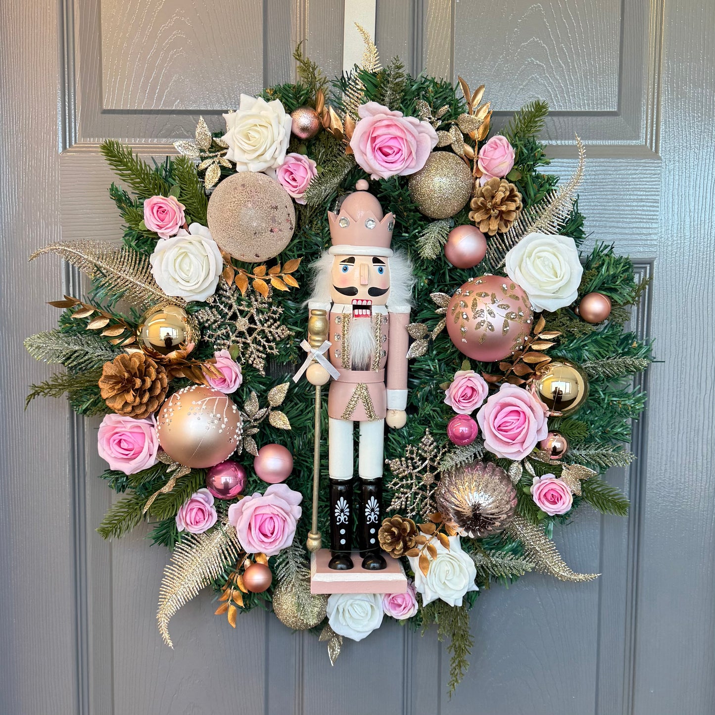 Pink Nutcracker Christmas Wreath, Gold, Artificial, Large Wreath