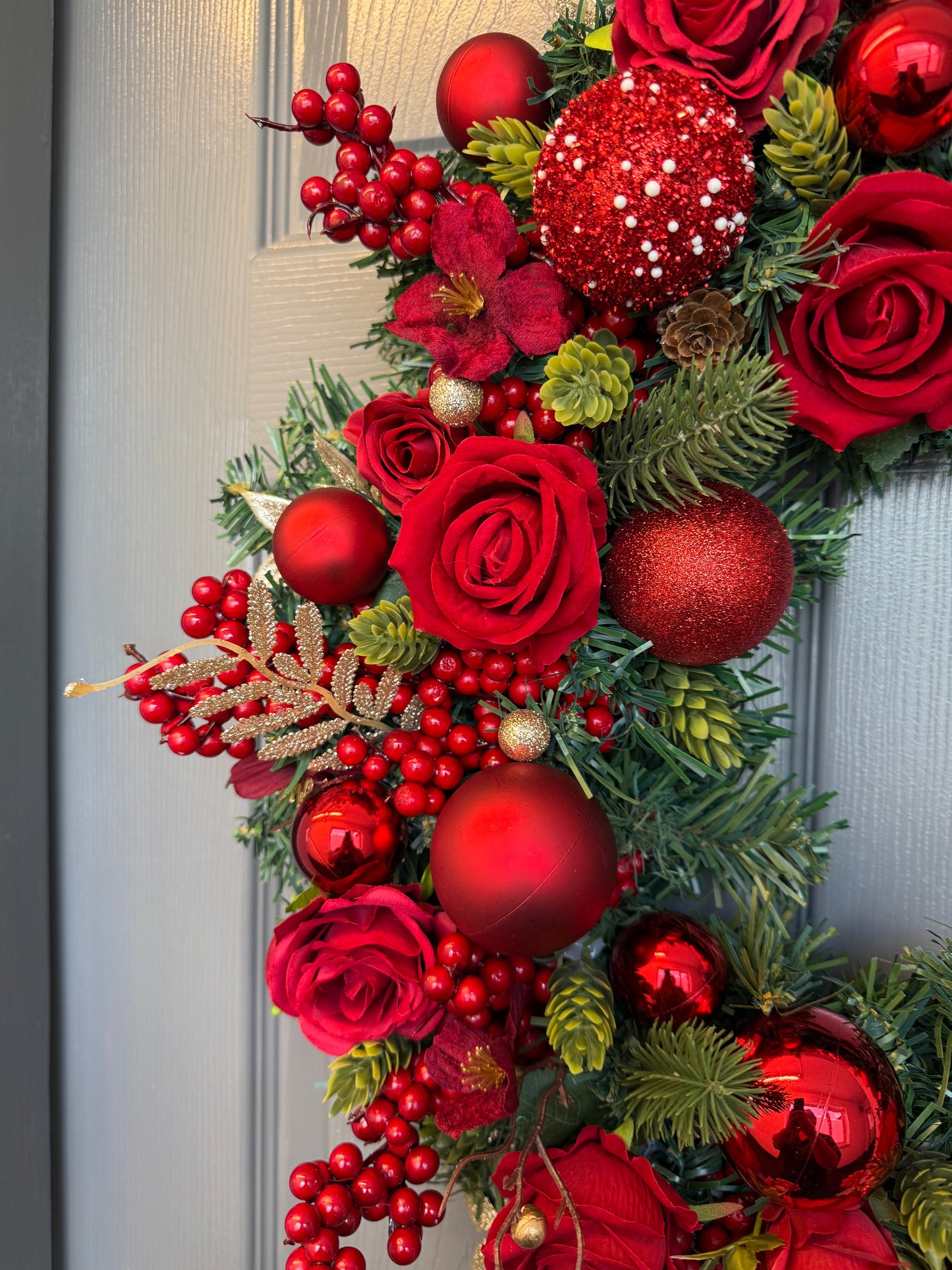 Red Christmas Wreath with Velvet & Silk Roses, Pine Cones, Gold Foliage, Red Baubles, Berries Festive Holiday Door Decor