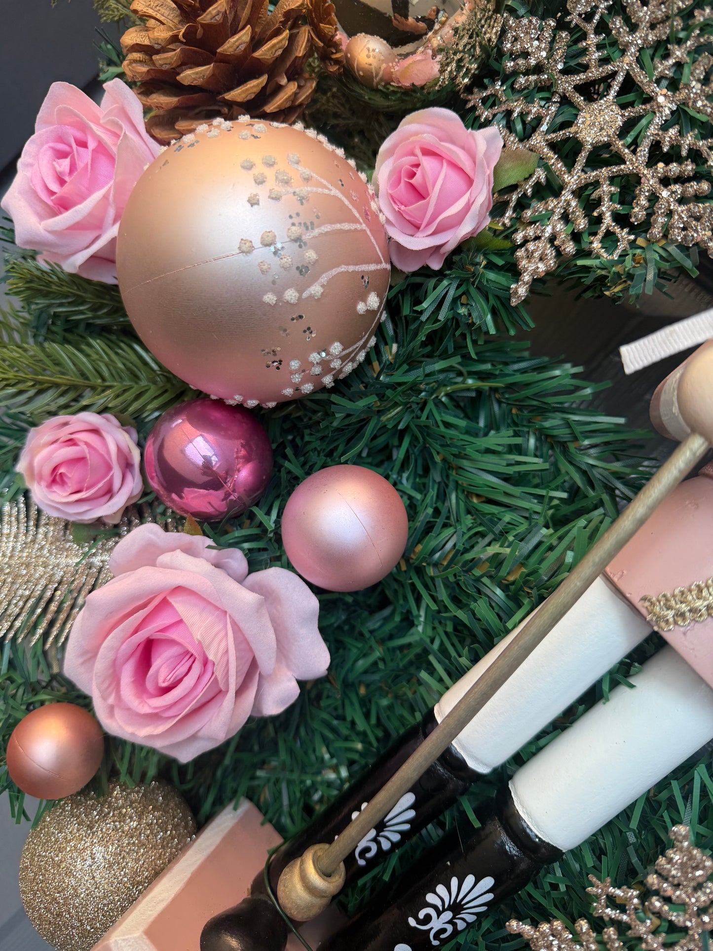 Pink Nutcracker Christmas Wreath, Gold, Artificial, Large Wreath