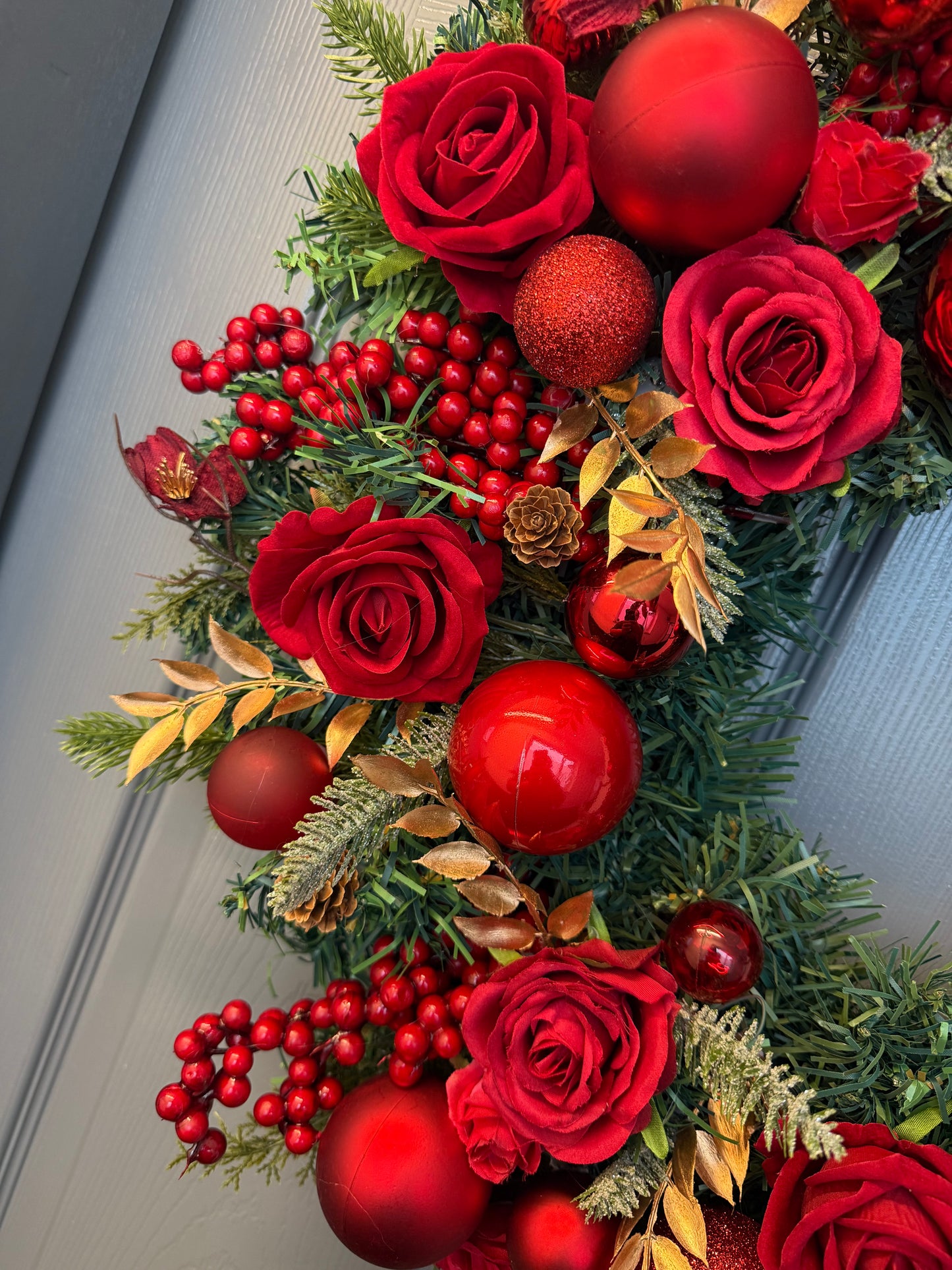 Red Christmas Wreath with Velvet & Silk Roses, Pine Cones, Gold Foliage, Red Baubles, Berries Festive Holiday Door Decor