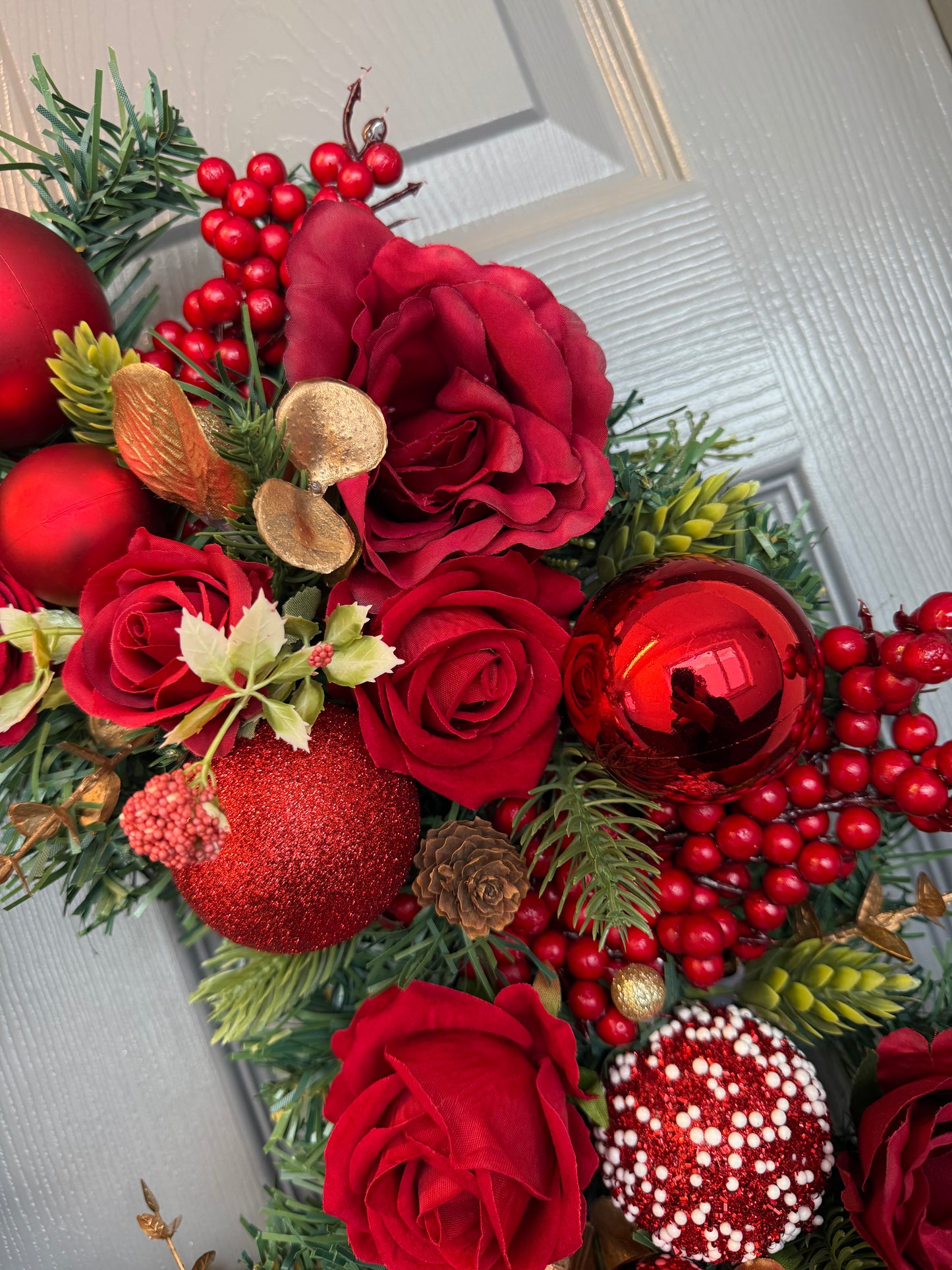 Red Christmas Wreath with Velvet & Silk Roses, Pine Cones, Gold Foliage, Red Baubles, Berries Festive Holiday Door Decor