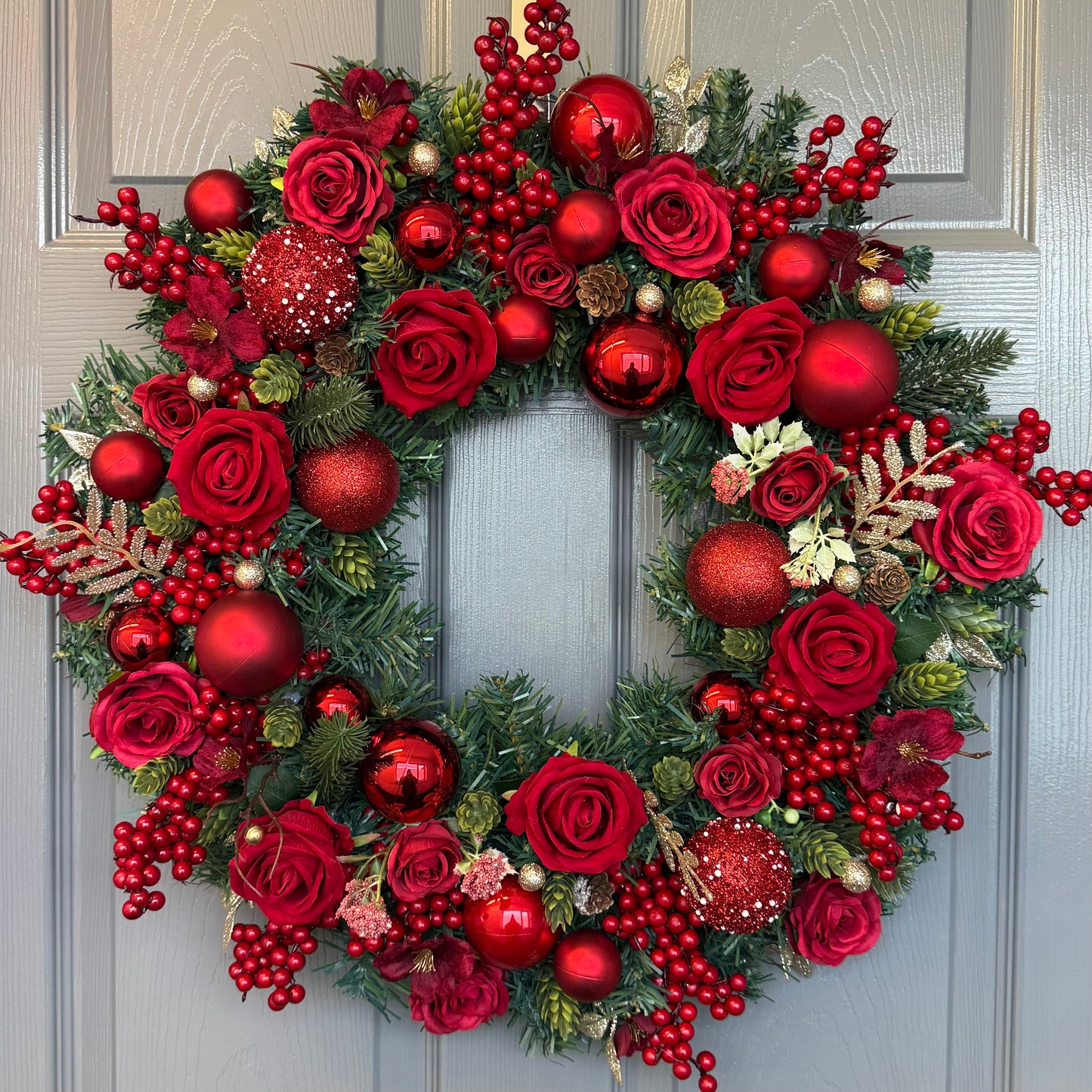 Red Christmas Wreath with Velvet & Silk Roses, Pine Cones, Gold Foliage, Red Baubles, Berries Festive Holiday Door Decor