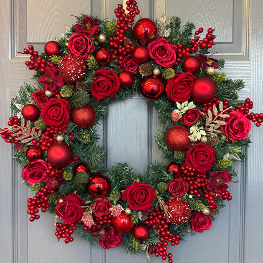 Red Christmas Wreath with Velvet & Silk Roses, Pine Cones, Gold Foliage, Red Baubles, Berries Festive Holiday Door Decor