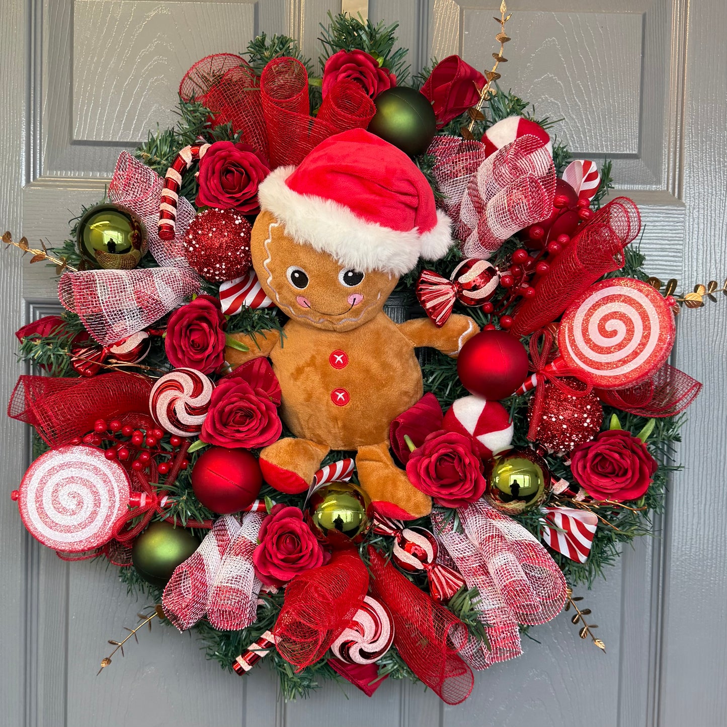Gingerbread Candy Christmas Wreath | Holiday Door Decor with Gingerbread Man, Candy, Red, Green