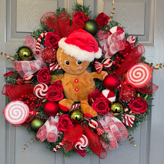 Gingerbread Candy Christmas Wreath | Holiday Door Decor with Gingerbread Man, Candy, Red, Green