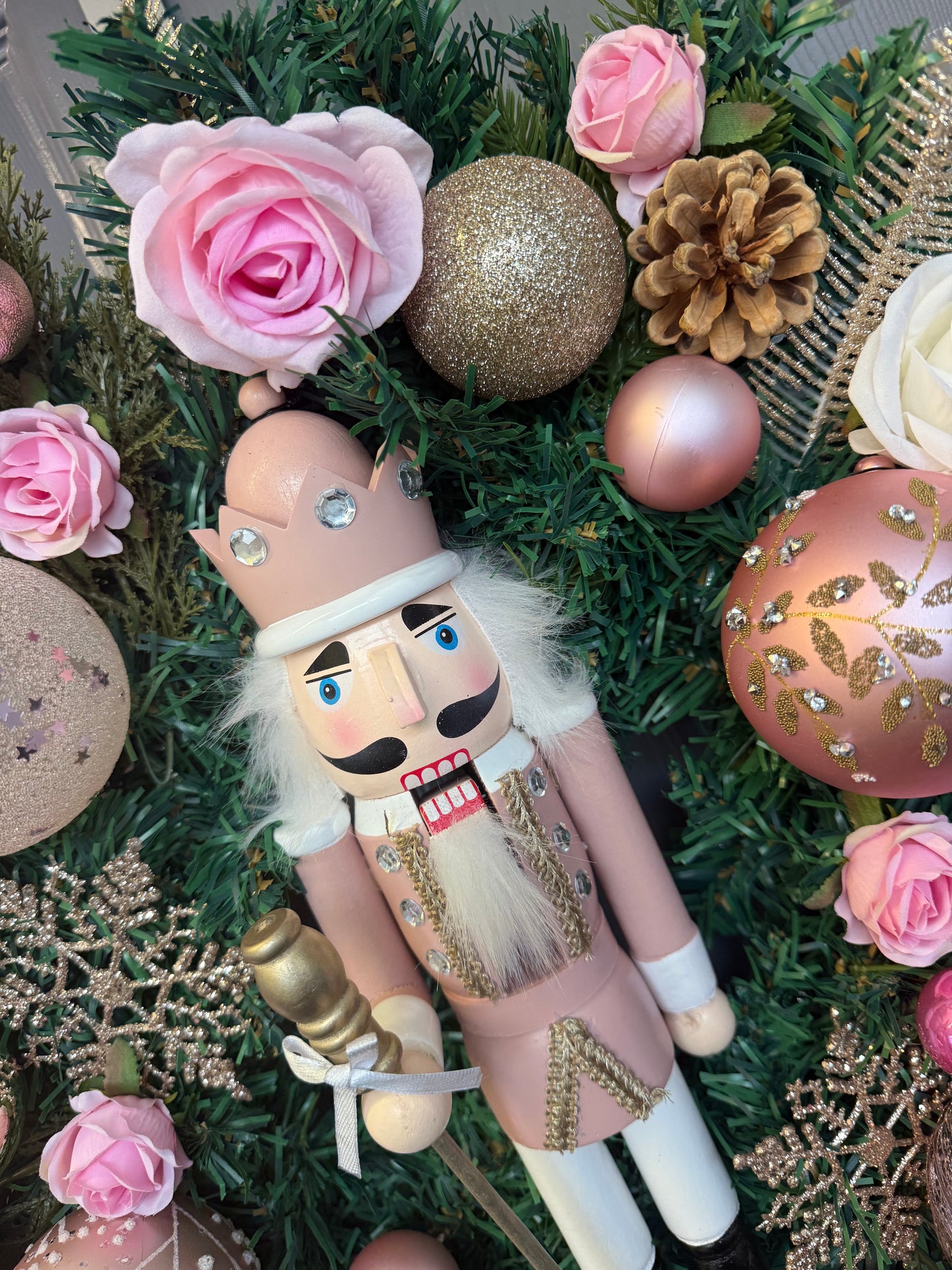 Pink Nutcracker Christmas Wreath, Gold, Artificial, Large Wreath