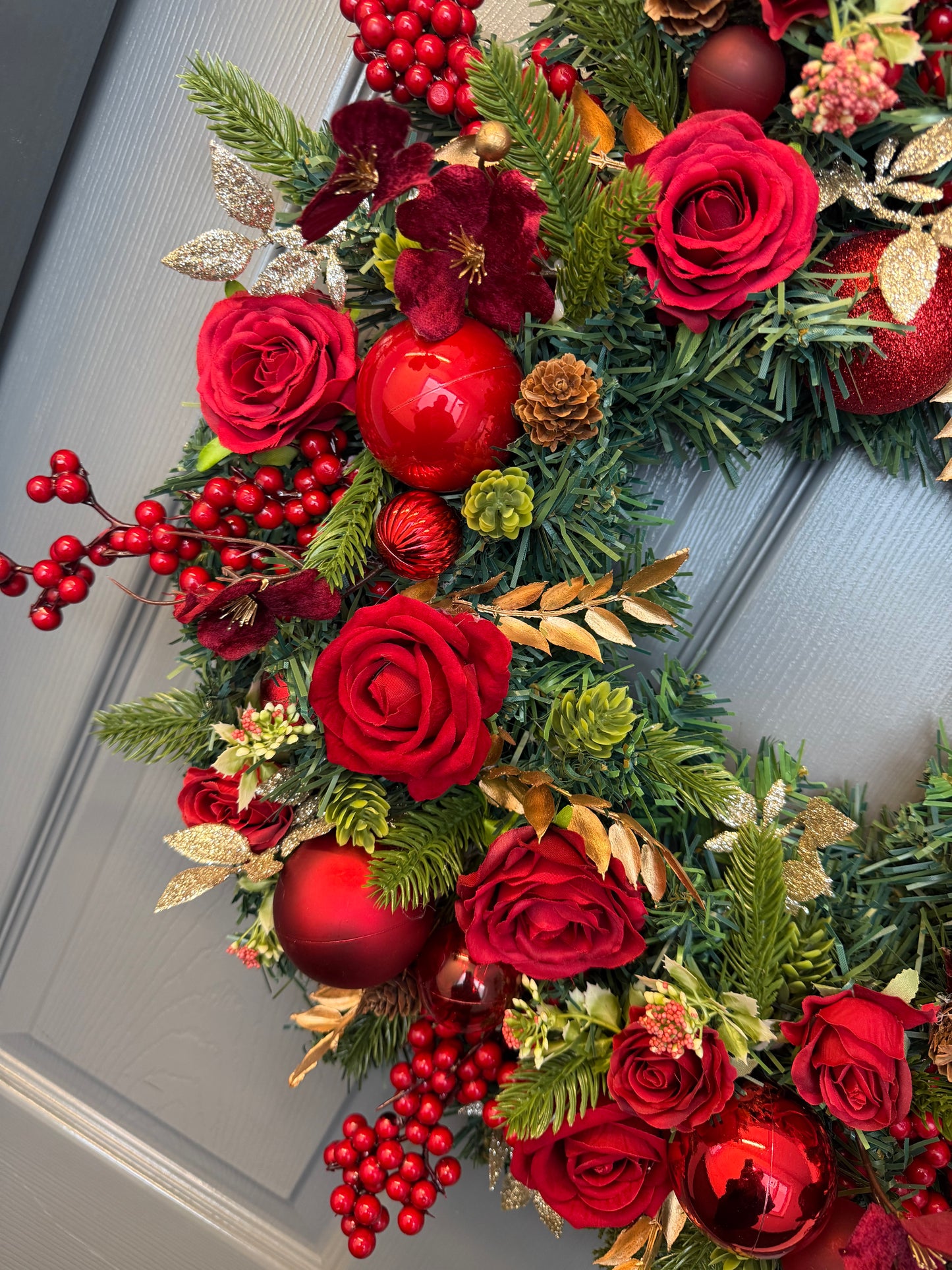 Red Christmas Wreath with Velvet & Silk Roses, Pine Cones, Gold Foliage, Red Baubles, Berries Festive Holiday Door Decor