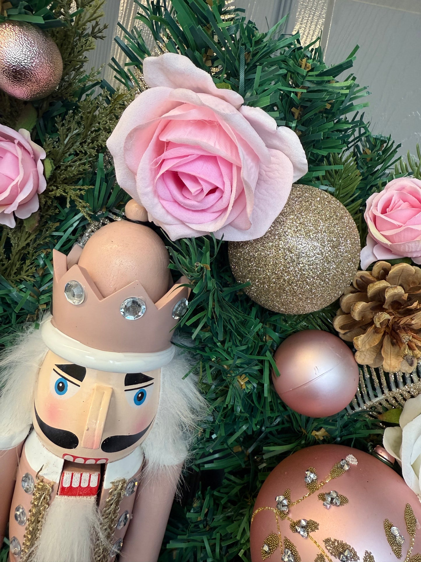 Pink Nutcracker Christmas Wreath, Gold, Artificial, Large Wreath