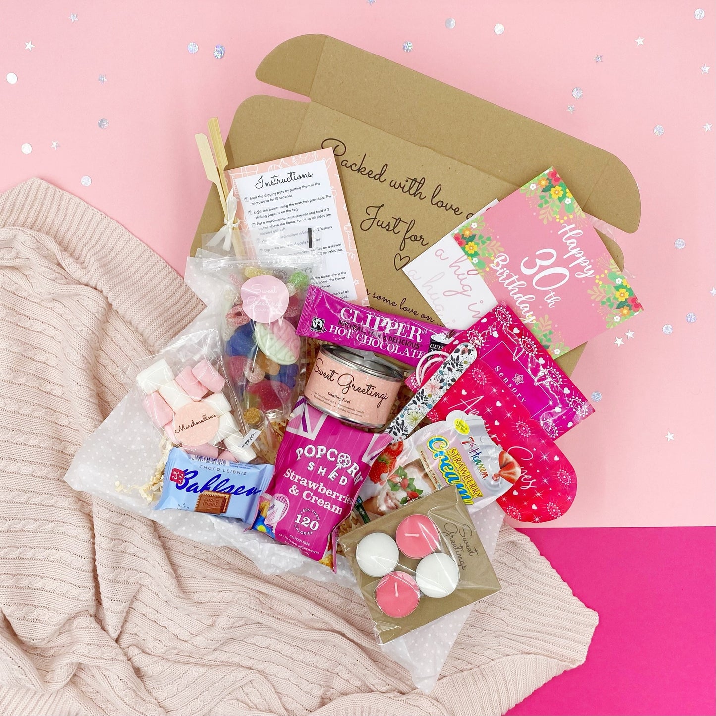 Ultimate Happy 30th Birthday Pink S'mores Gift box, Pamper Hamper, Spa Kit, Care Package, De Stress, Gift For Her, Present, Milestone, Smore