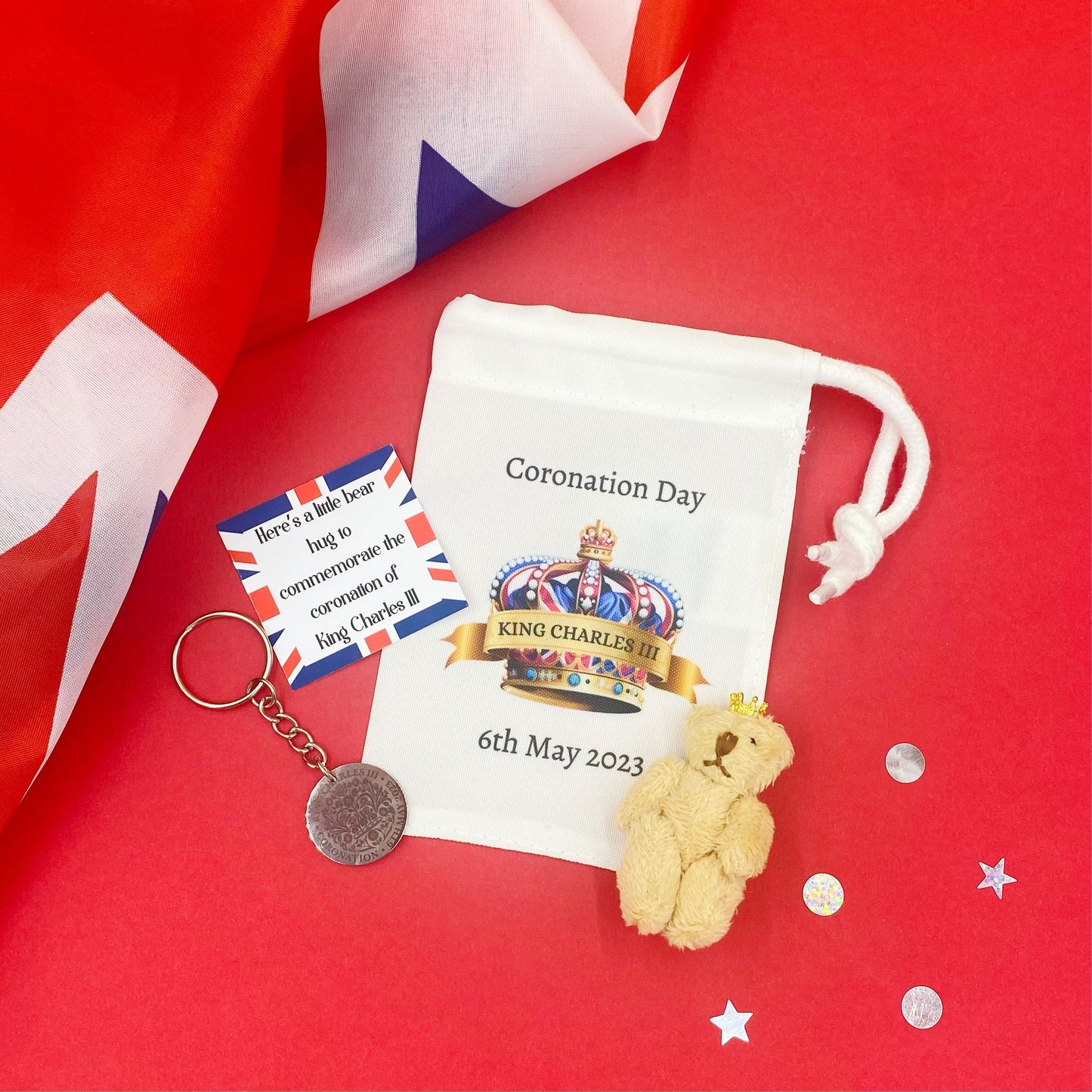 Coronation Pocket Bear Hug, King Charles, Memento, Memory, Keepsake, Crown, Kids, Childrens Gift, Adult, Engraved Keyring, Bag, Teddy