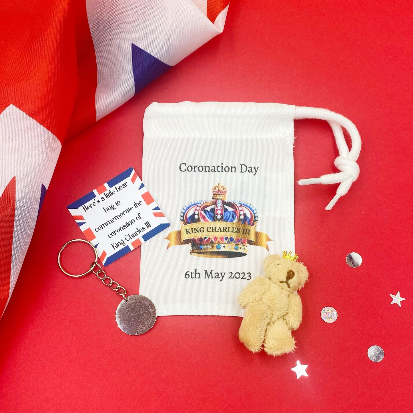 Coronation Pocket Bear Hug, King Charles, Memento, Memory, Keepsake, Crown, Kids, Childrens Gift, Adult, Engraved Keyring, Bag, Teddy